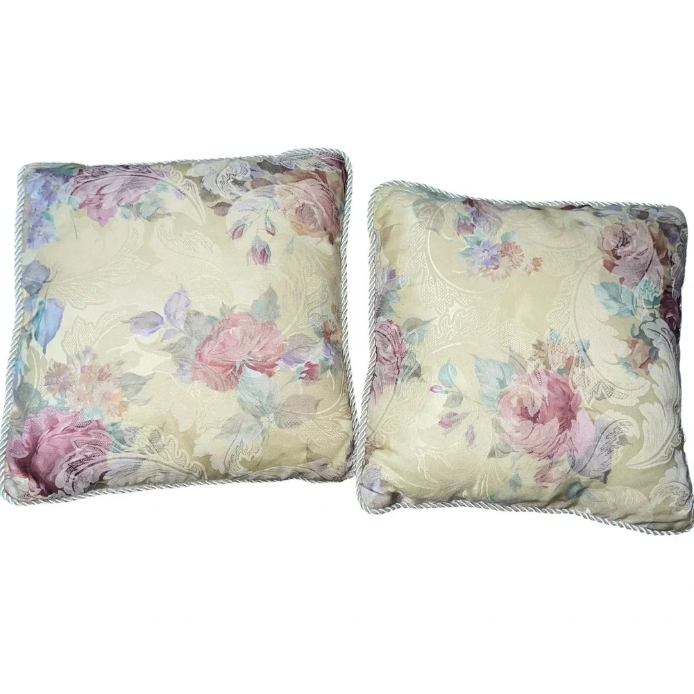 Floral Decorative Throw Pillow Set 2 Vintage Cottagecore Pastel Rope Trim 14x14